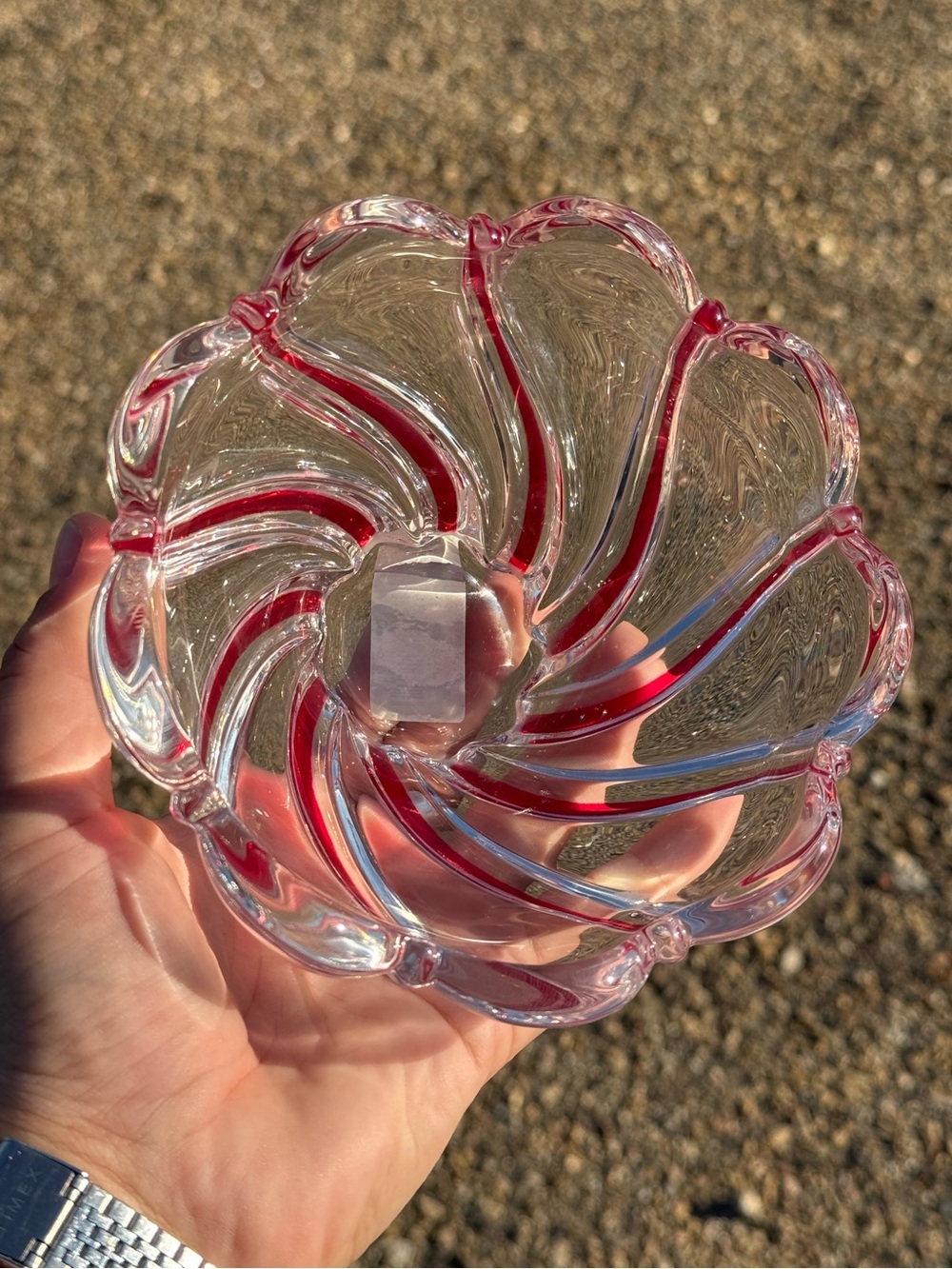 5.5” Red Peppermint Swirl Crystal Bowl Vintage Christmas Germany Made by MIKAS